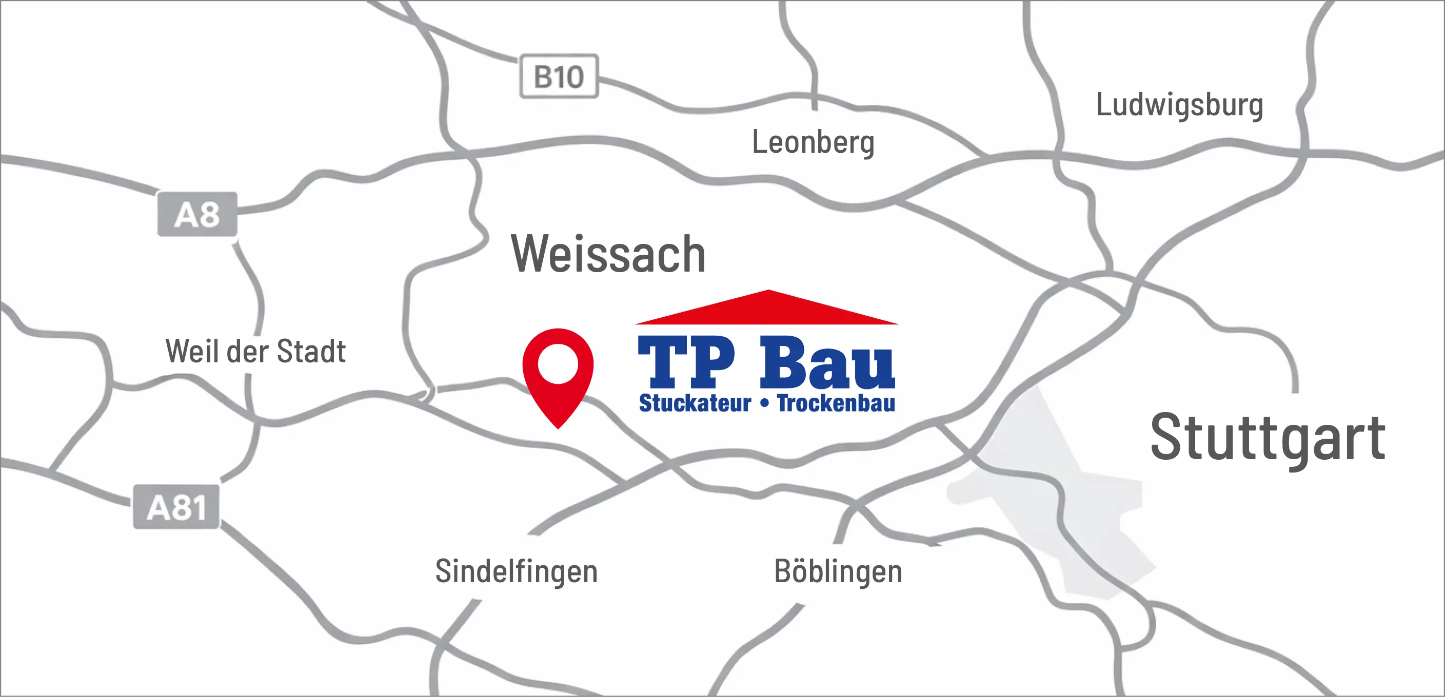 Satellitenkarte der Region Weissach mit dem Standort der Firma TP Bau